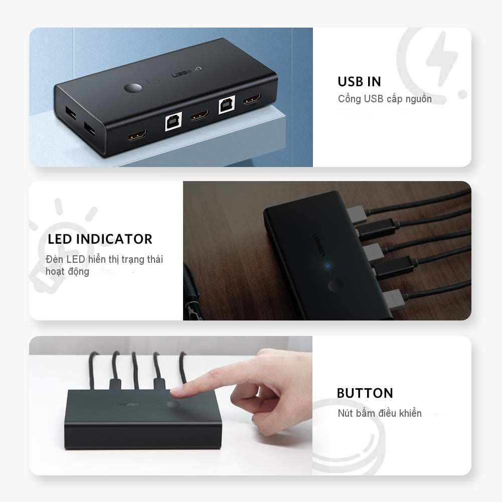Bộ gộp HDMI KVM 2 máy tính dùng chung 1 màn hình, sử dụng chung chuột và bàn phím UGREEN CM200 50744 Bộ gộp HDMI KVM 2 máy tính dùng chung 1 màn hình, sử dụng chung chuột và bàn phím UGREEN CM200 50744
