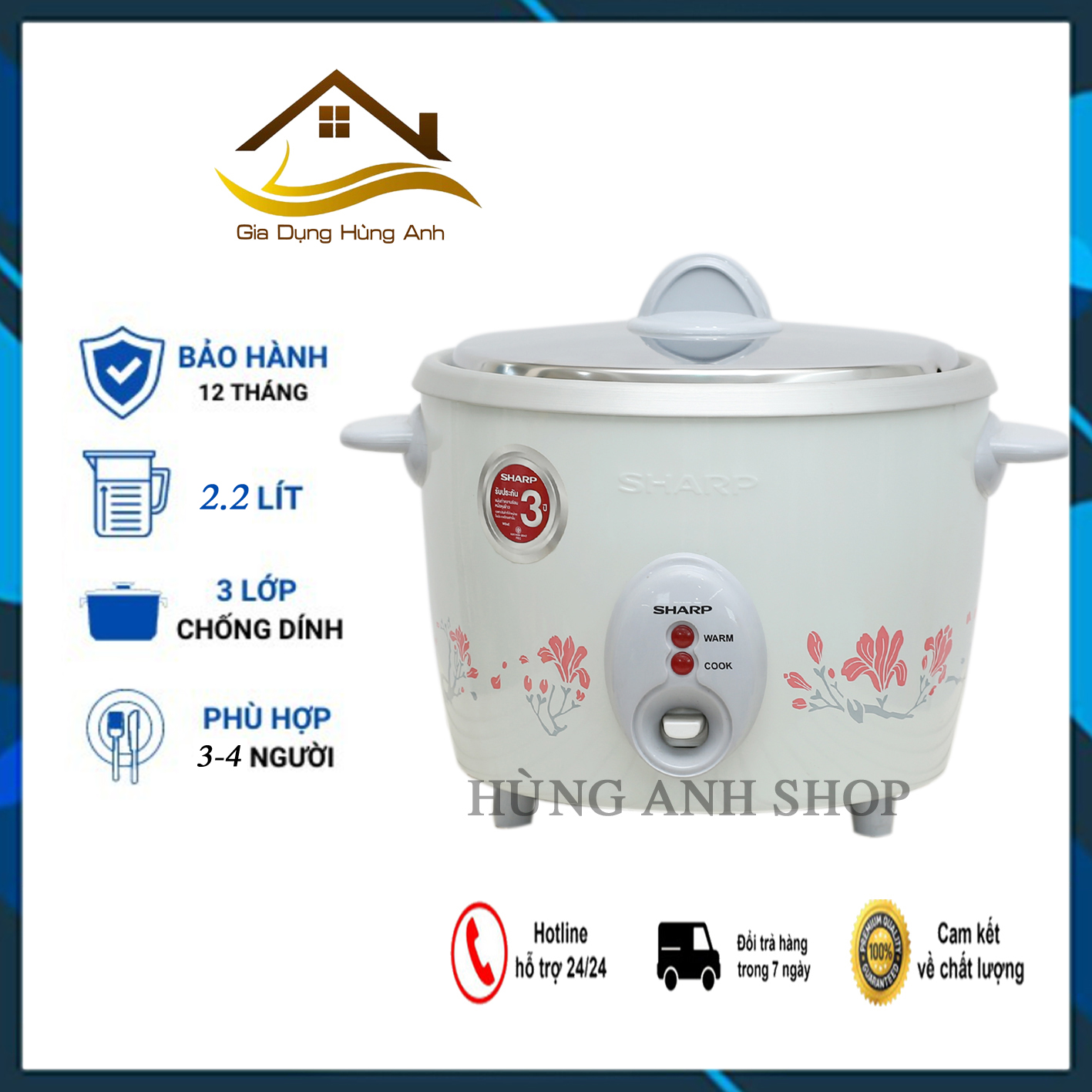Nồi cơm điện sharp ksh-222v / d22 2.2l lòng nồi hợp kim nhôm siêu bền,chính hãng thái lan bh 12 tháng