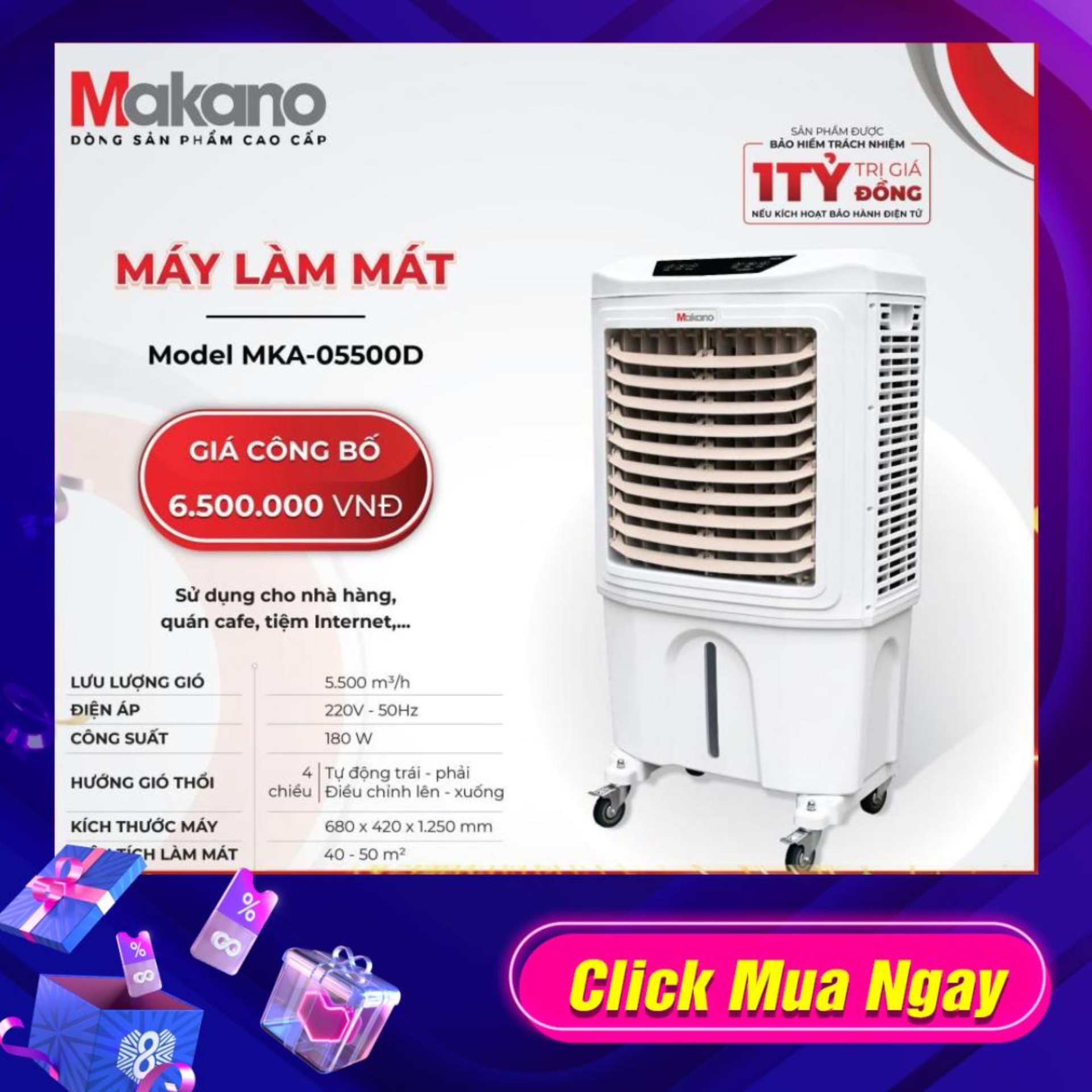 Quạt điều hòa hơi nước Máy làm mát không khí Makano MKA-05500D Dùng cho phòng khách nhà hàng quán ăn cafe tiệm internet hội trường tiệc cưới.