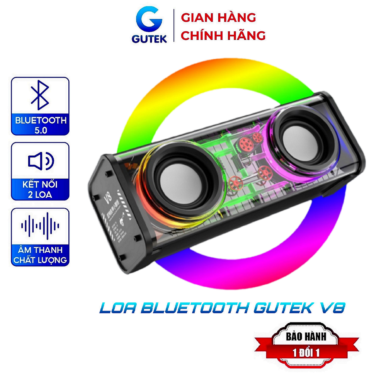 Loa bluetooth bass mạnh Gutek V8 nghe nhạc không dây vỏ trong suốt kết nối