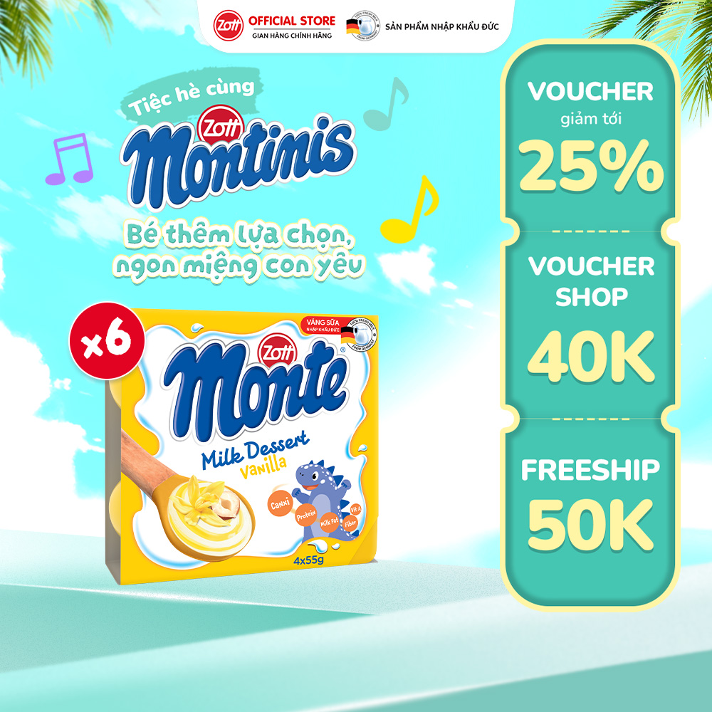 Giao Hoả tốc - COMBO 6 vỉ Váng sữa Zott Monte vị Vani nhập khẩu từ ĐỨC (vỉ - 55g x 4 hũ)