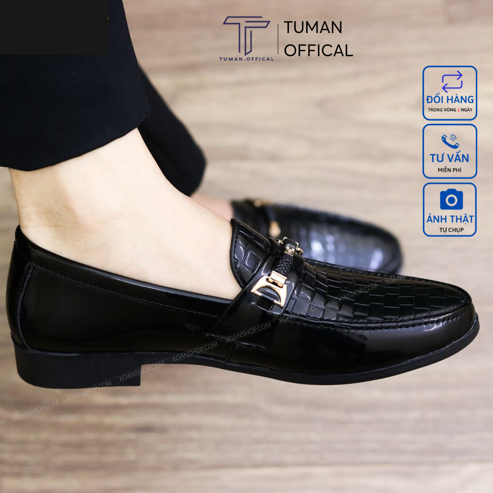 Giày Lười Nam Công Sở Da Bóng Đai Vàng Dập Vân Ô Vuông