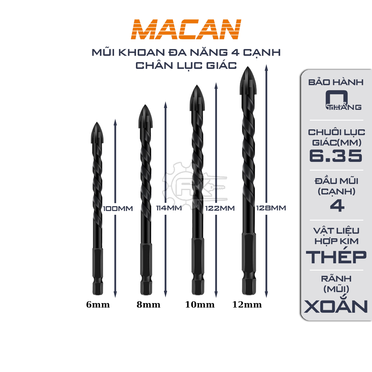 Mũi khoan đa năng chân lục giác 6.35, khoan kính, thủy tinh, khoan gạch men, gạch đá hoa cương 4 cạnh