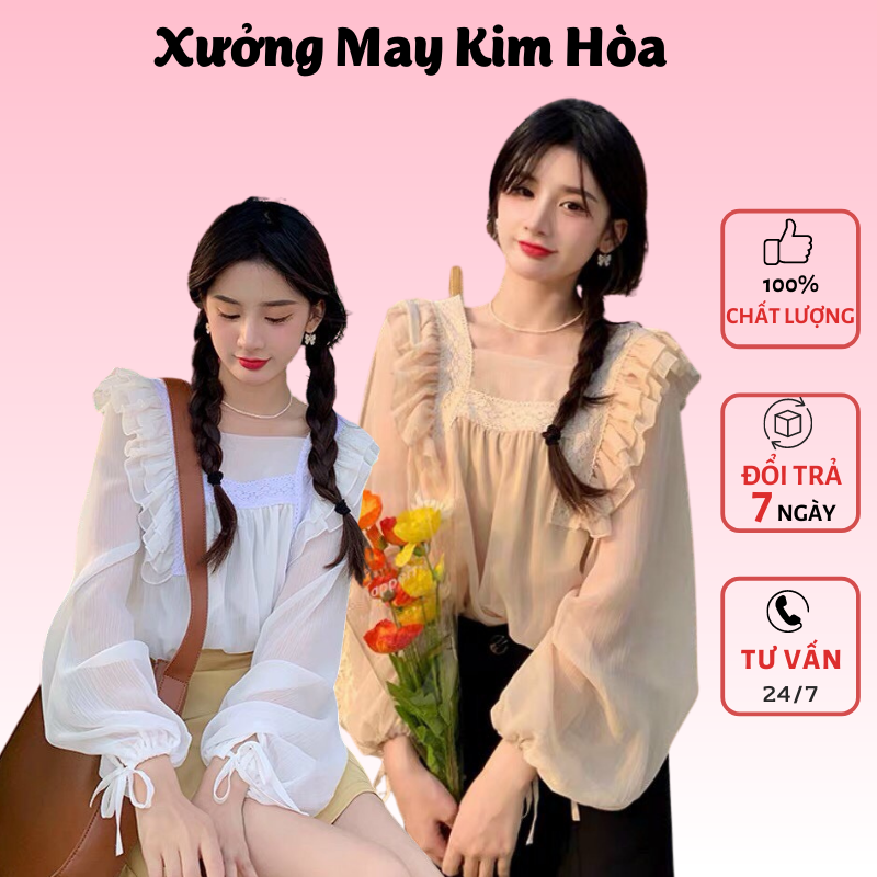 Áo bánh bèo nữ kiểu tiểu thư điệu đà chất voan phối ren xinh xắn -xưởng may kim hòa