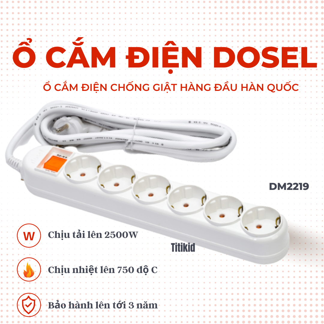 Ổ cắm điện 6 lỗ 1 công tắc, ổ cắm có dây dài 5 mét dm2219, ổ cắm điện dosel hàn quốc