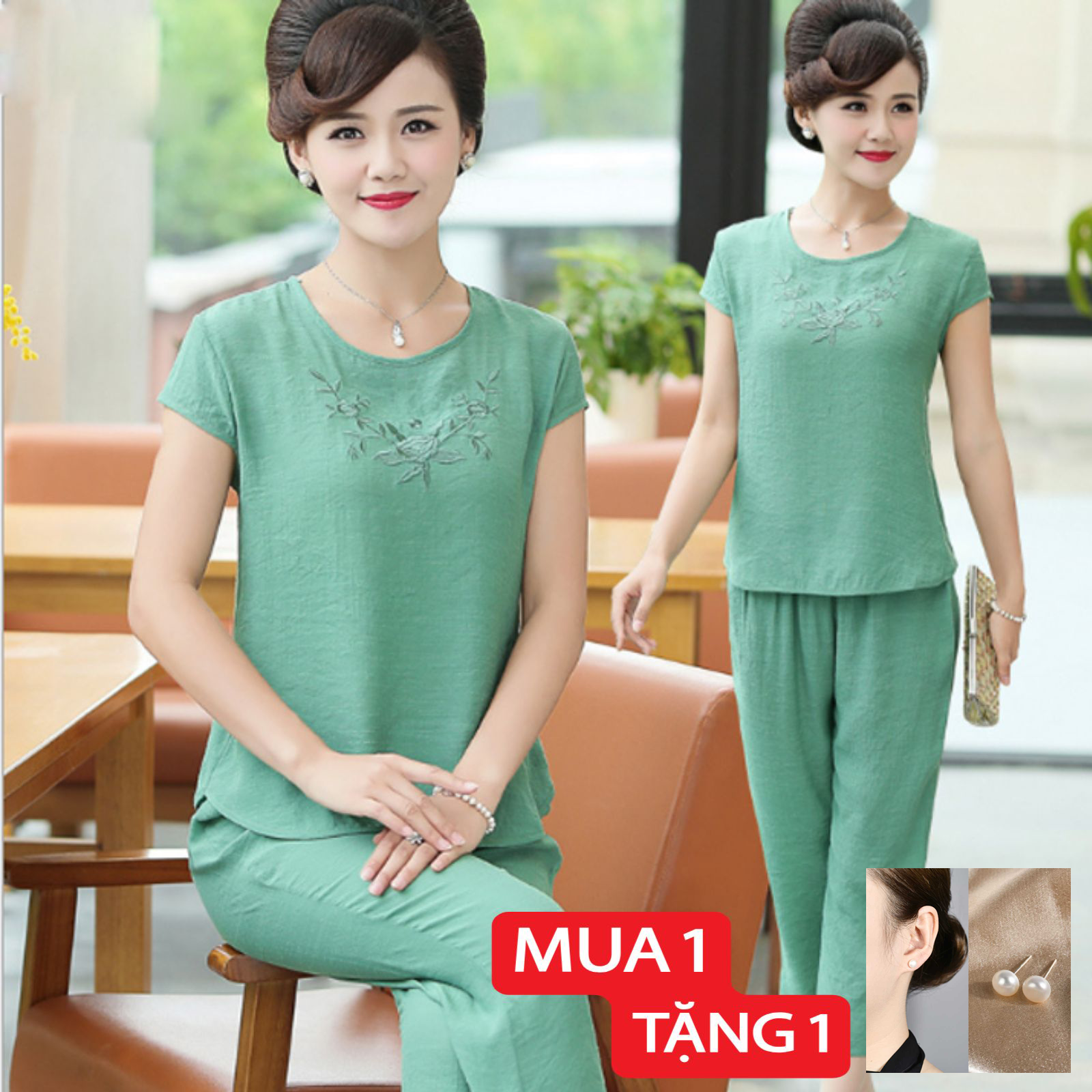 Bộ trung niên nữ chất đũi thêu hoa