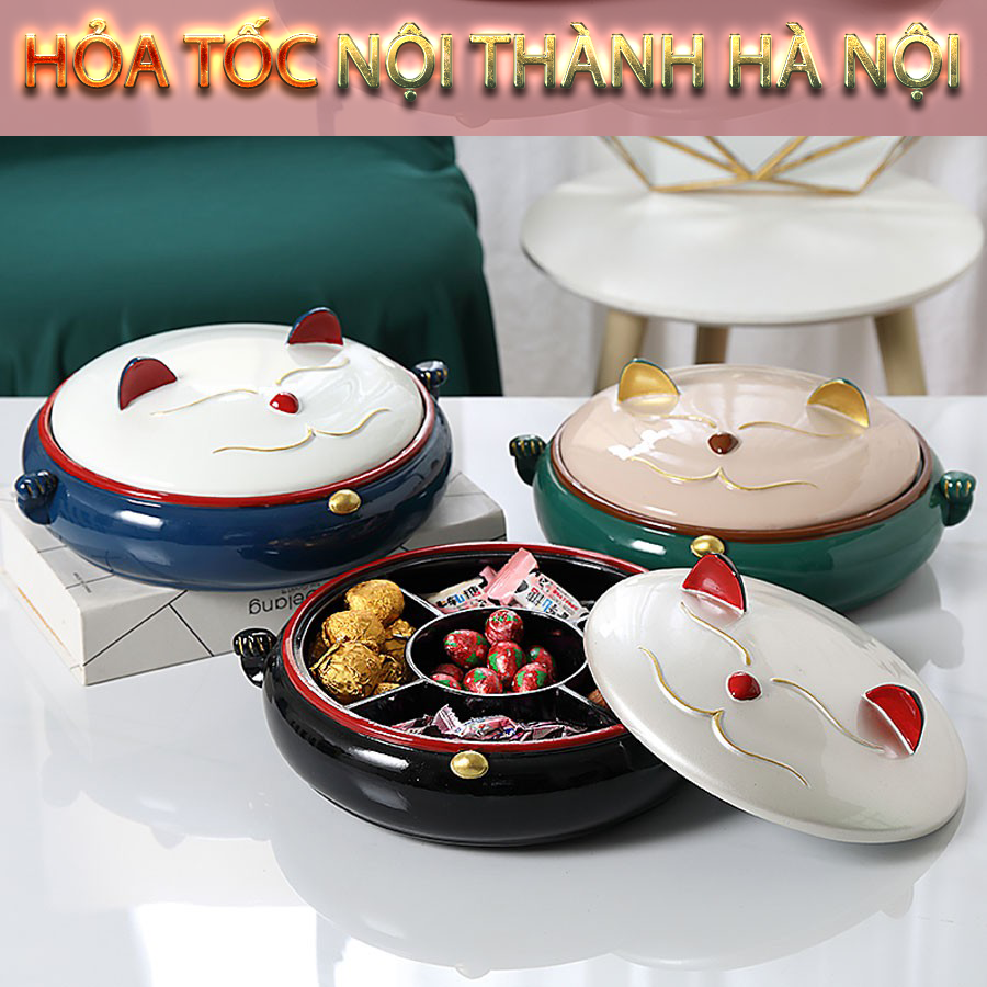 Khay Đựng Mứt Tết Bằng Sứ, Mèo Thần Tài Đế Xoay, Nhiều Màu Phong Thủy, Thiết Kế Sang Trọng, Hiện Đại