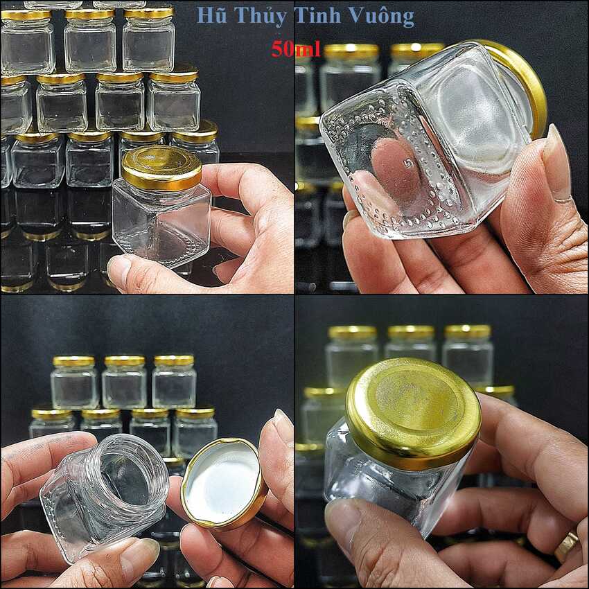 Hũ thủy tinh 50ml mẫu vuông nắp thiếc vàng – lọ thủy tinh nhỏ - hũ đựng yến chưng , mật ong, dầu dừa, mỹ phẩm