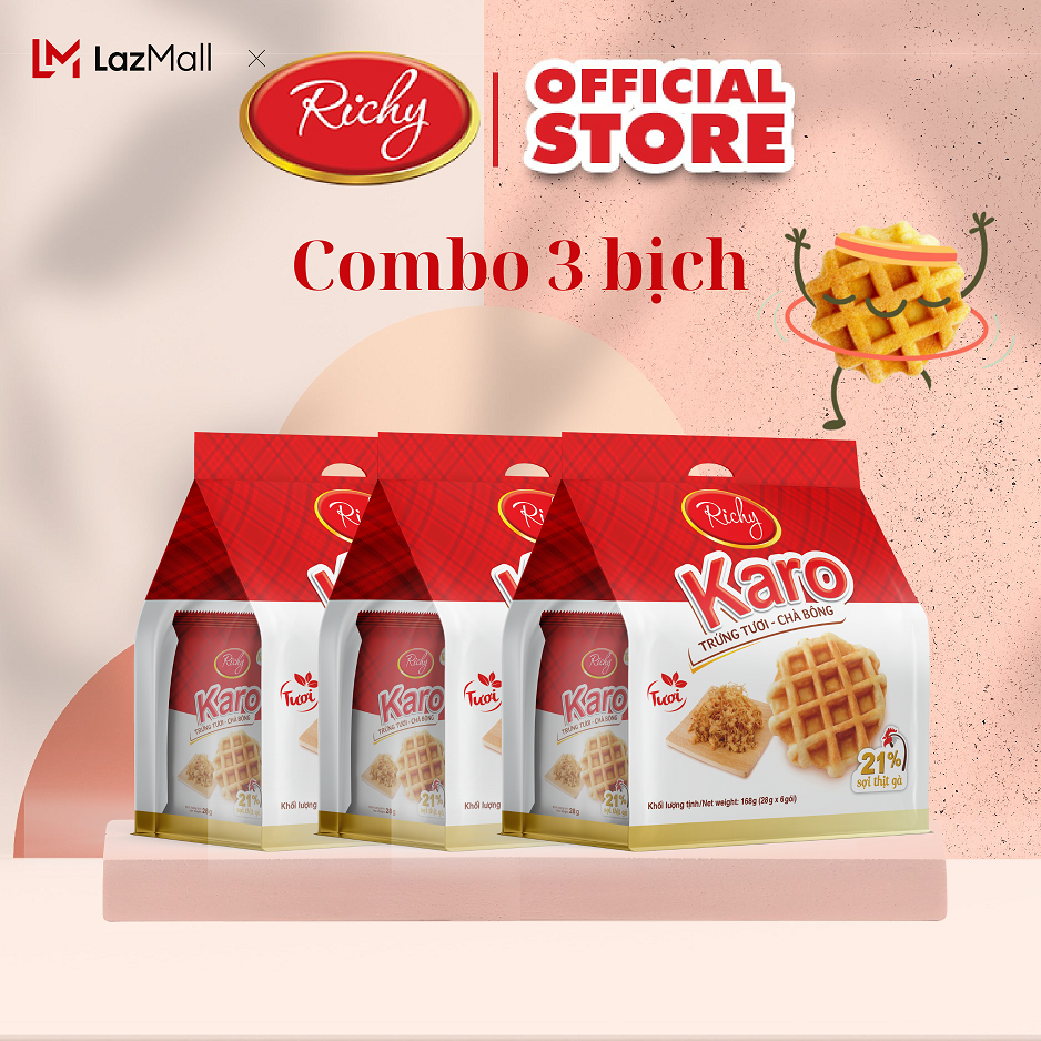 Combo 3 bịch bánh Karo trứng tươi chà bông bánh kẹo Richy