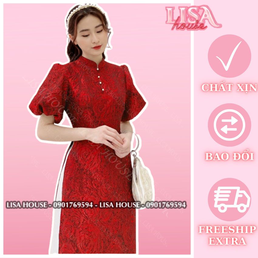 Set áo dài cách tân nữ đỏ tết 2023 kèm quần trắng, chất gấm cao cấp, áo dài tay bồng điệu đà