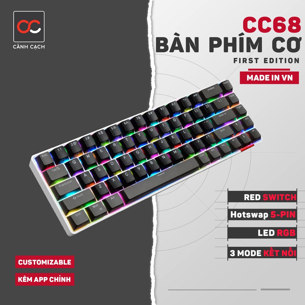 Bàn phím cơ rgb hotswap 5 pin red switch cc68