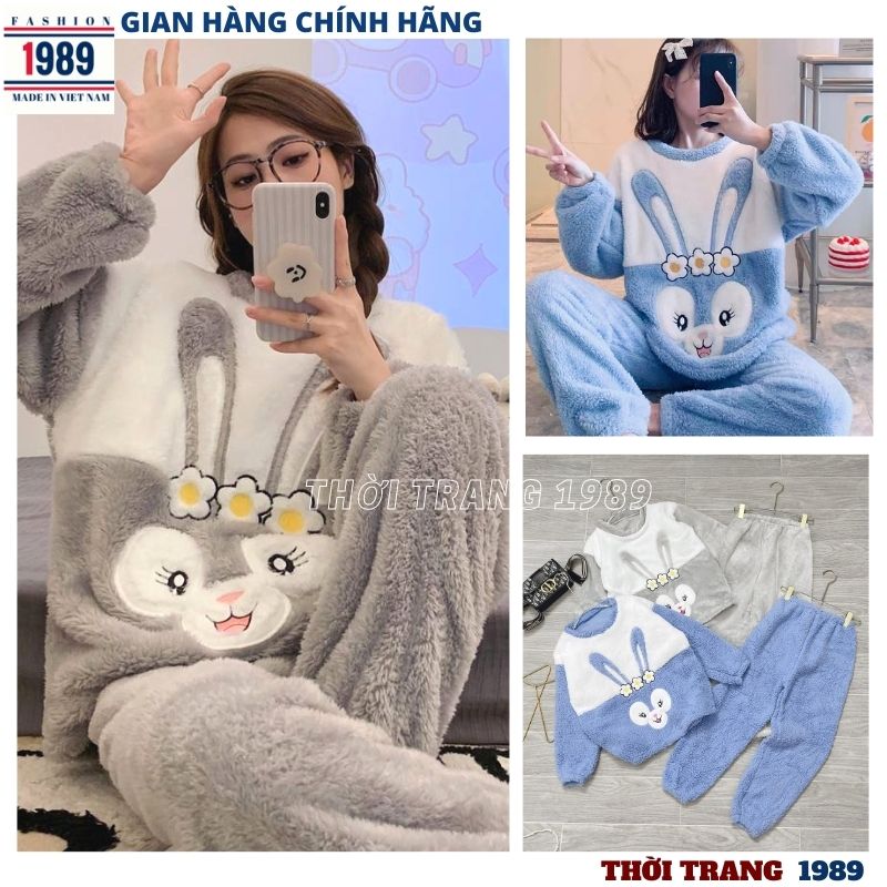 Bộ lông gấu thỏ xám và xanh , bộ ngủ lông cừu ấm áp , bộ đồ mặc nhà lông kiểu dáng hàn quốc ulzzang , chát lông mềm mại ấm áp mùa đông -thời trang 1989