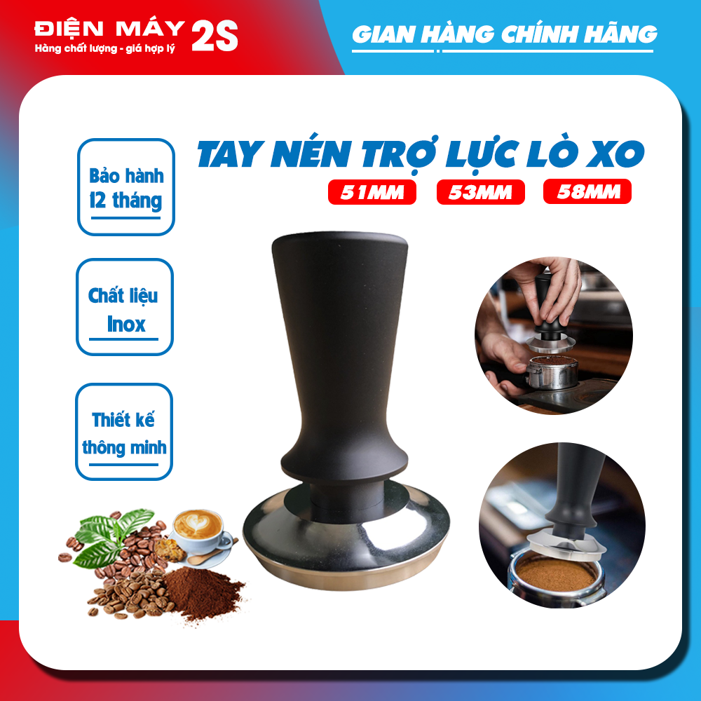 Tamper cho máy pha cafe Espresso Inox 51mm và 58 mm, tamper nén lò xo cao cấp
