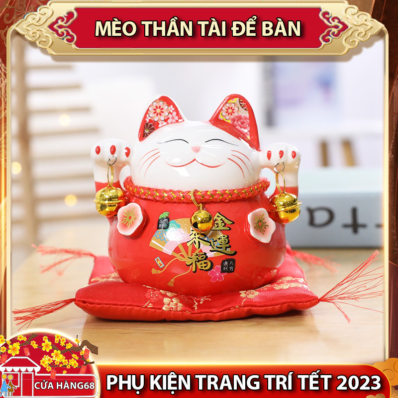 Mèo thần tài trang trí, mèo chiêu tài vẫy tay bằng sứ, mèo thần tài để bàn làm việc để xe ô tô, tượng mèo chiêu tài có đệm nhung, cầu may mắn tài lộc, mèo thần tài trang trí nhà cửa