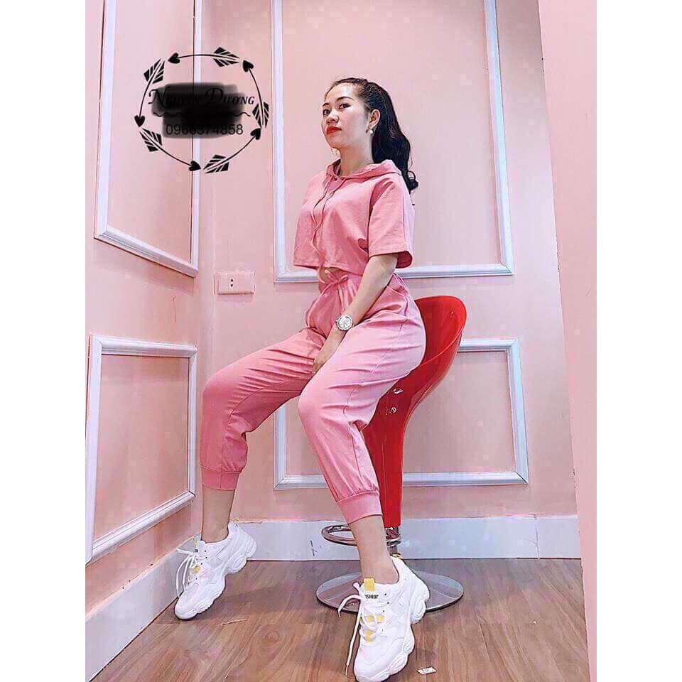 Set bộ nữ áo thun croptop có nón phối quần ống bo trơn robin-fashion eva set 10055
