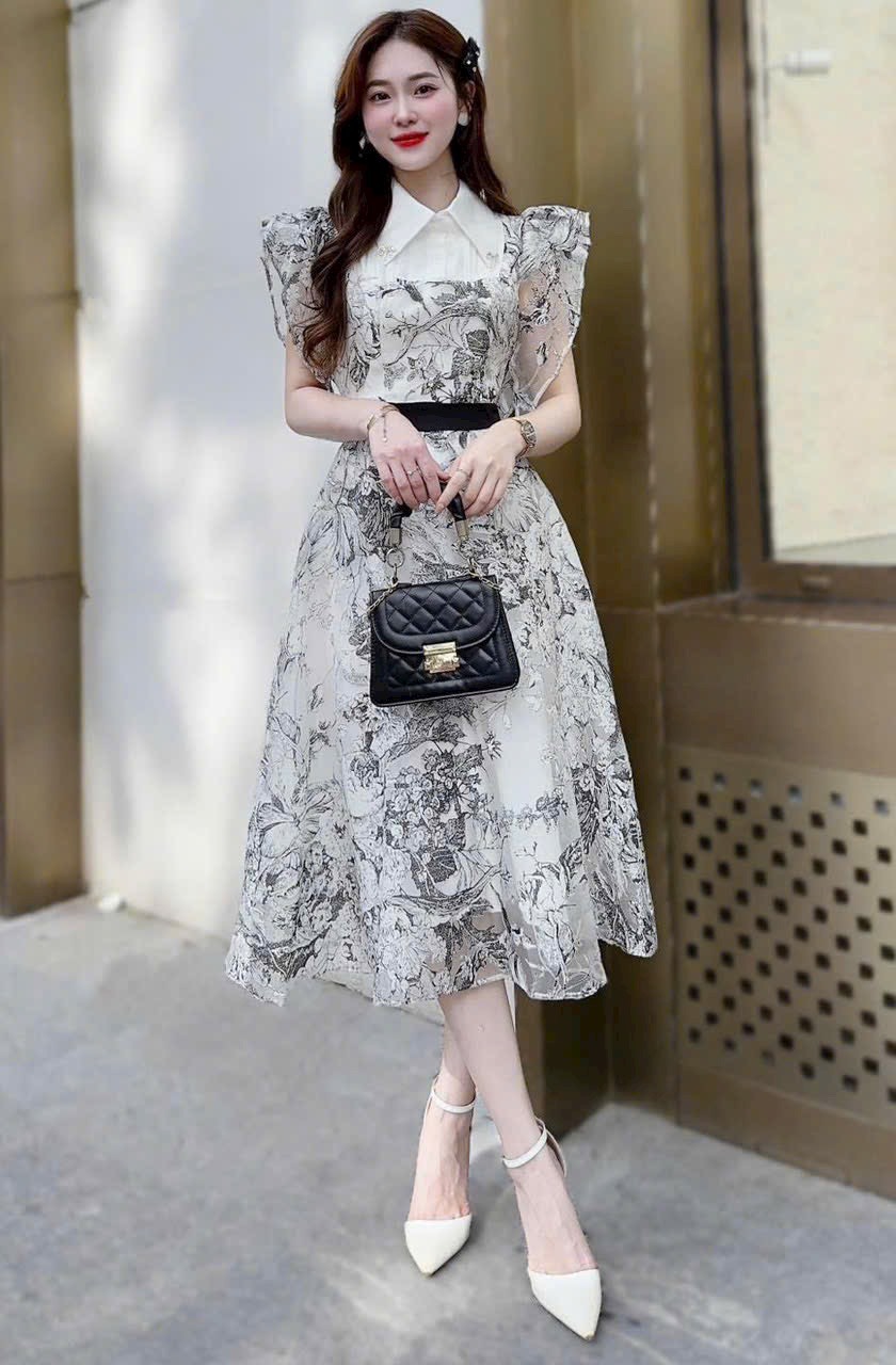 Đầm thời trang nữ cổ somi tay cánh tiên dáng váy xoè qua gối chất vải voan in hoa kiểu dáng nhẹ nhàng xinh xắn
