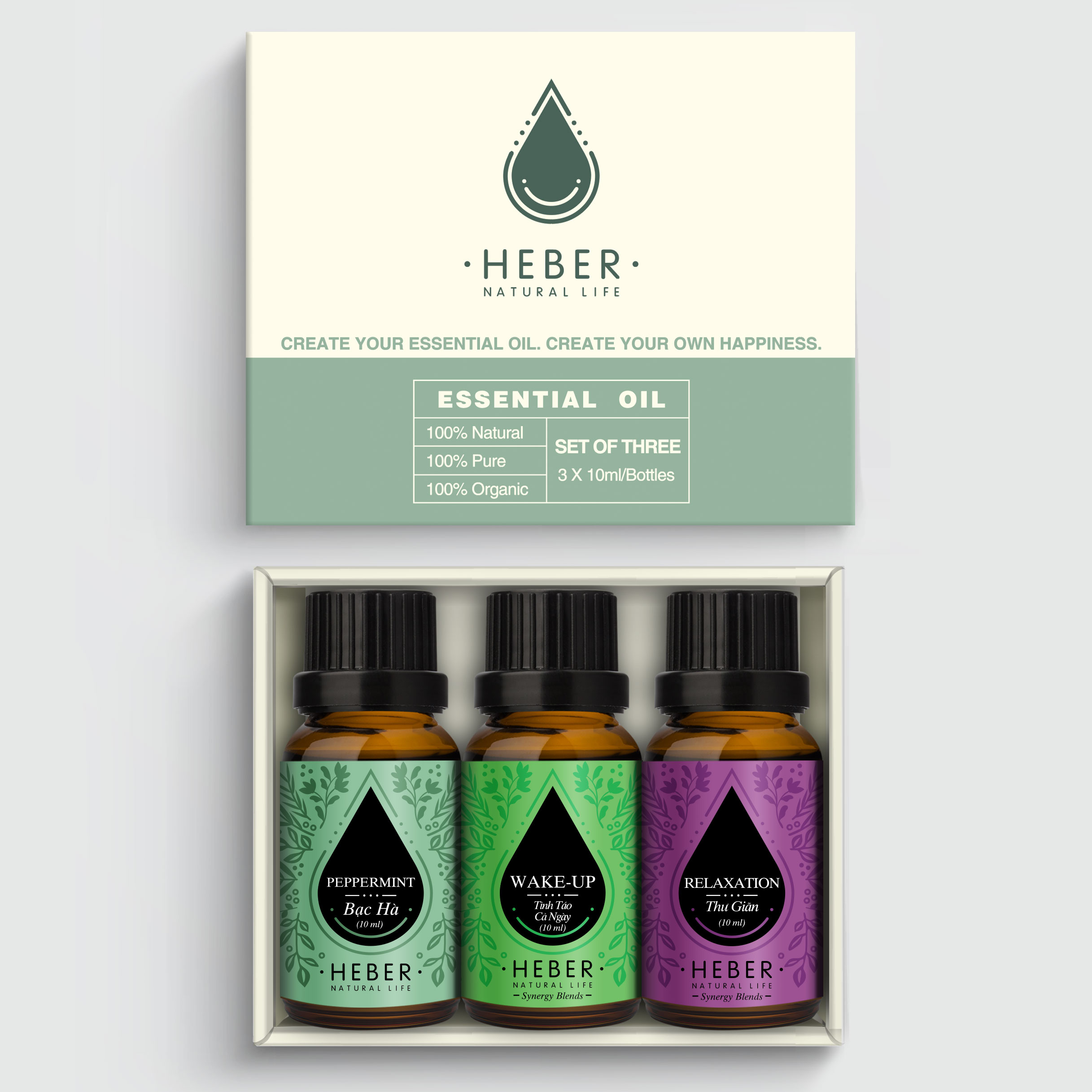 Set 3 Chai 10ml Tinh Dầu Cho Phòng Làm Việc Heber Vietnam, 100% Thiên Nhiên Nguyên Chất, Cao Cấp Nhập Khẩu, Kiểm Nghiệm Quatest 3, Xông Thơm Phòng, Hương Sảng Khoái Tỉnh Táo