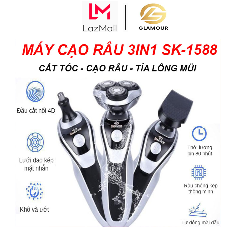 Máy Cạo Râu Glamour Chính Hãng Đa Năng Sk1588 3 In 1 Thông Minh Chống Nước