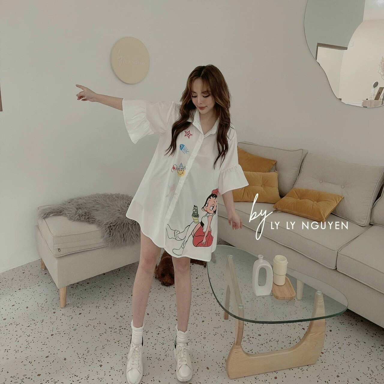 Freeship đầm cổ sơ mi váy xòe suông dễ thương hót 2021 siêu xinh in hình dễ thương mtb