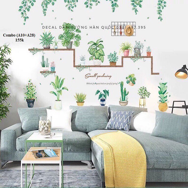 Combo 2 bức decal dán tường Hàn Quốc mẫu chậu cậy kết hợp lá trang trí