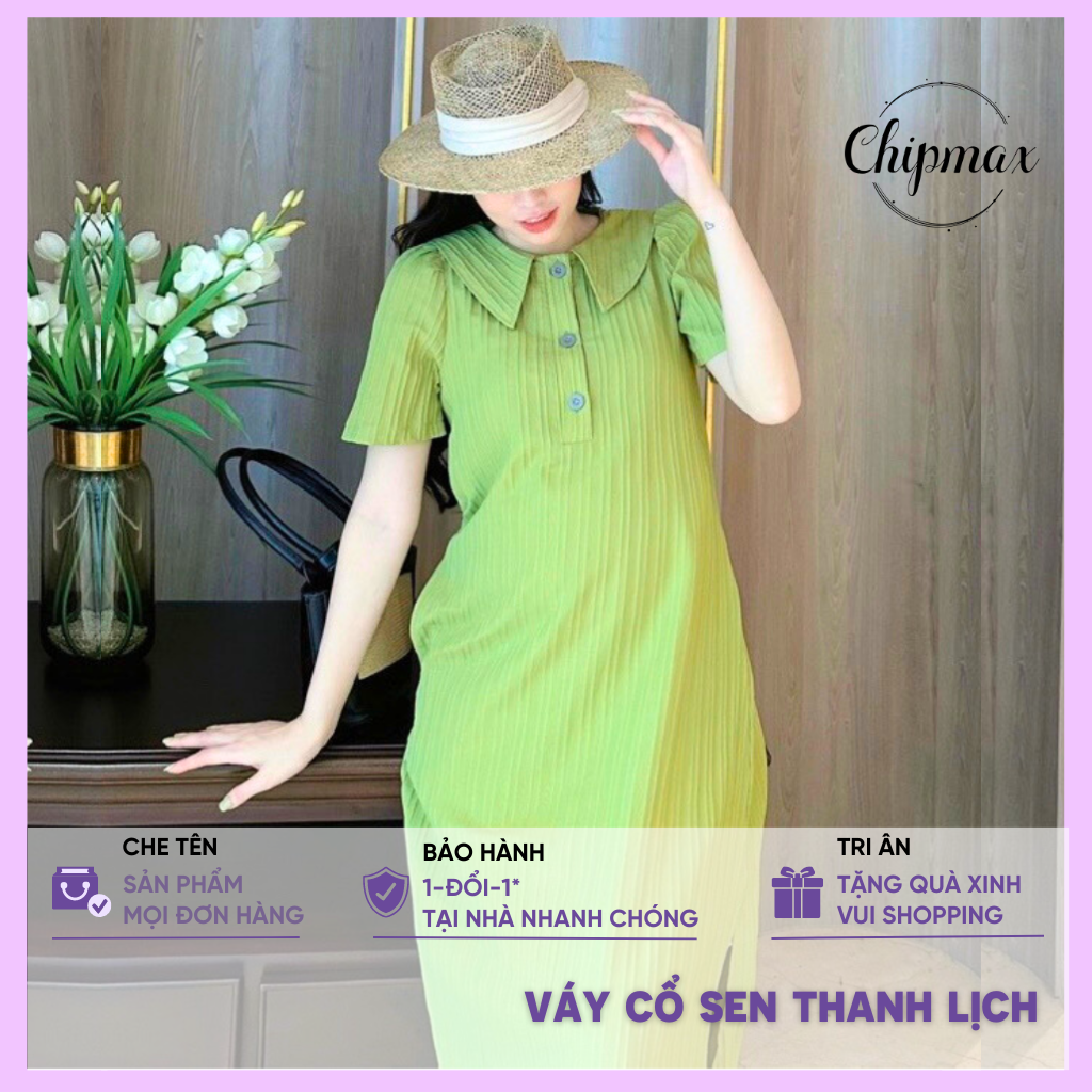 Váy công sở cổ sen mùa hè chipmax đầm bầu dáng suông chất đũi tăm dày dặn thoáng mát - vb2