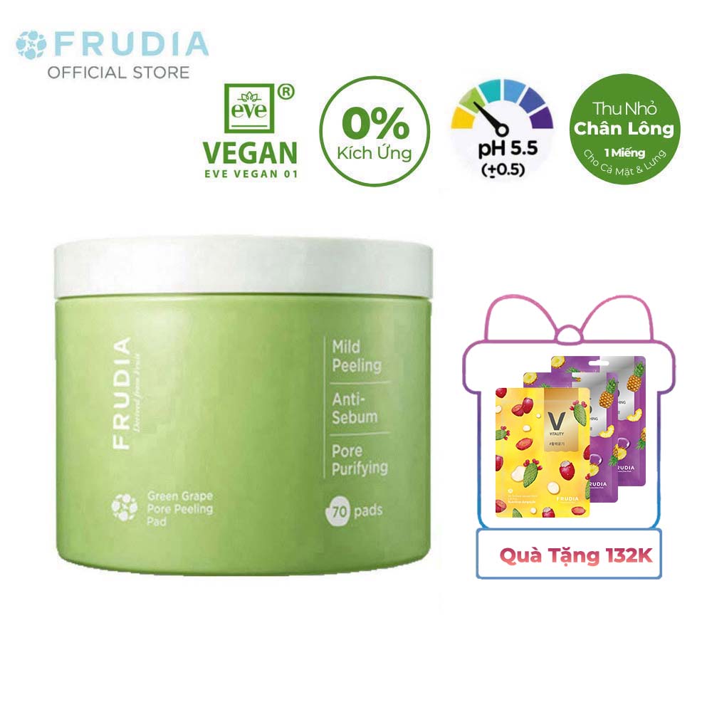 [Tặng 132K]Bông Tẩy Da Chết Kiểm Soát Lỗ Chân Lông Nho Xanh Frudia Green Grape Pore Peeling Pad 3ml x 70pcs