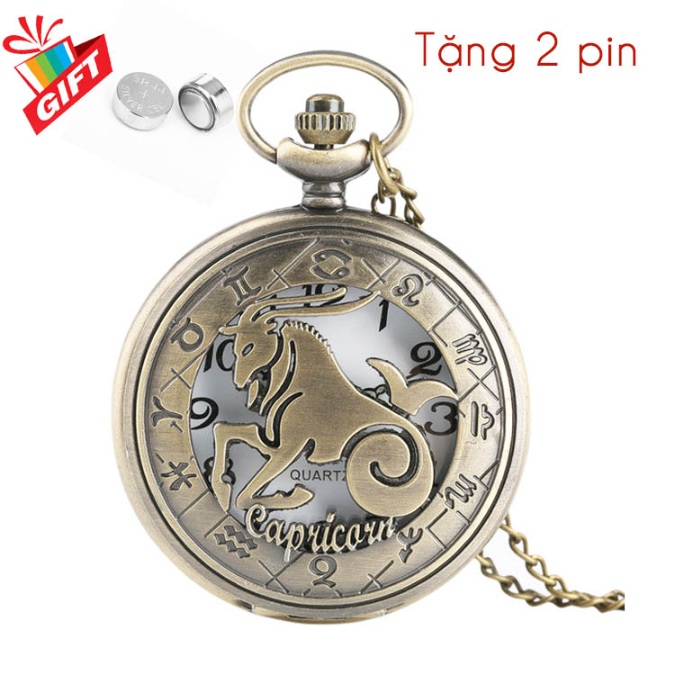 Đồng hồ pin quả quýt bỏ túi cổ điển retro tháng sinh 12 cung hoàng đạo ma kết nam dương capricornus tặng 2 pin