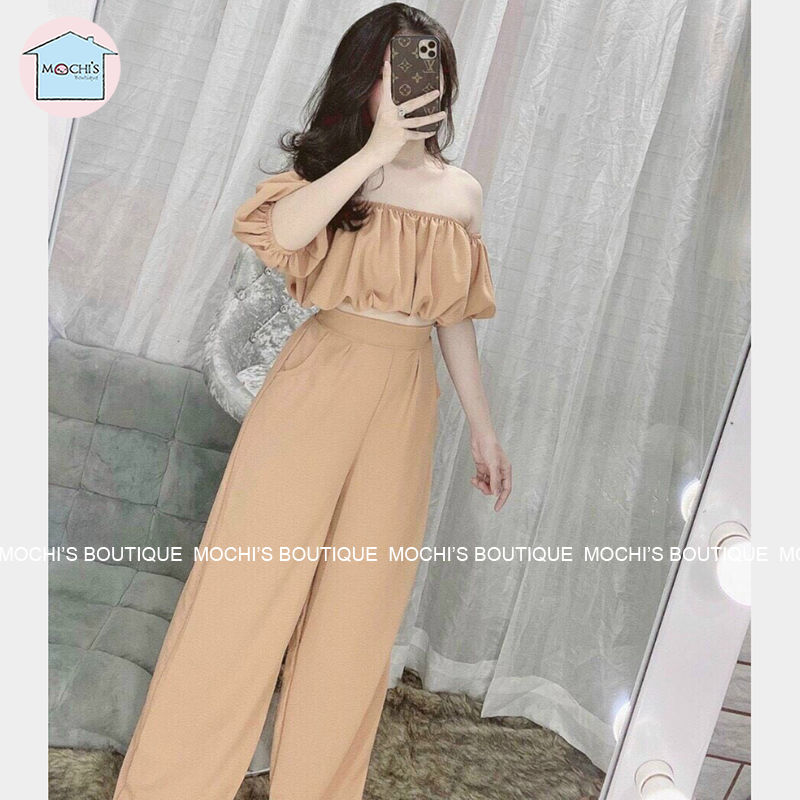 Set đồ nữ áo trễ vai quần ống suông, mẫu đồ bộ phong cách, áo dáng croptop mặc đi chơi, đi du lịch-L051