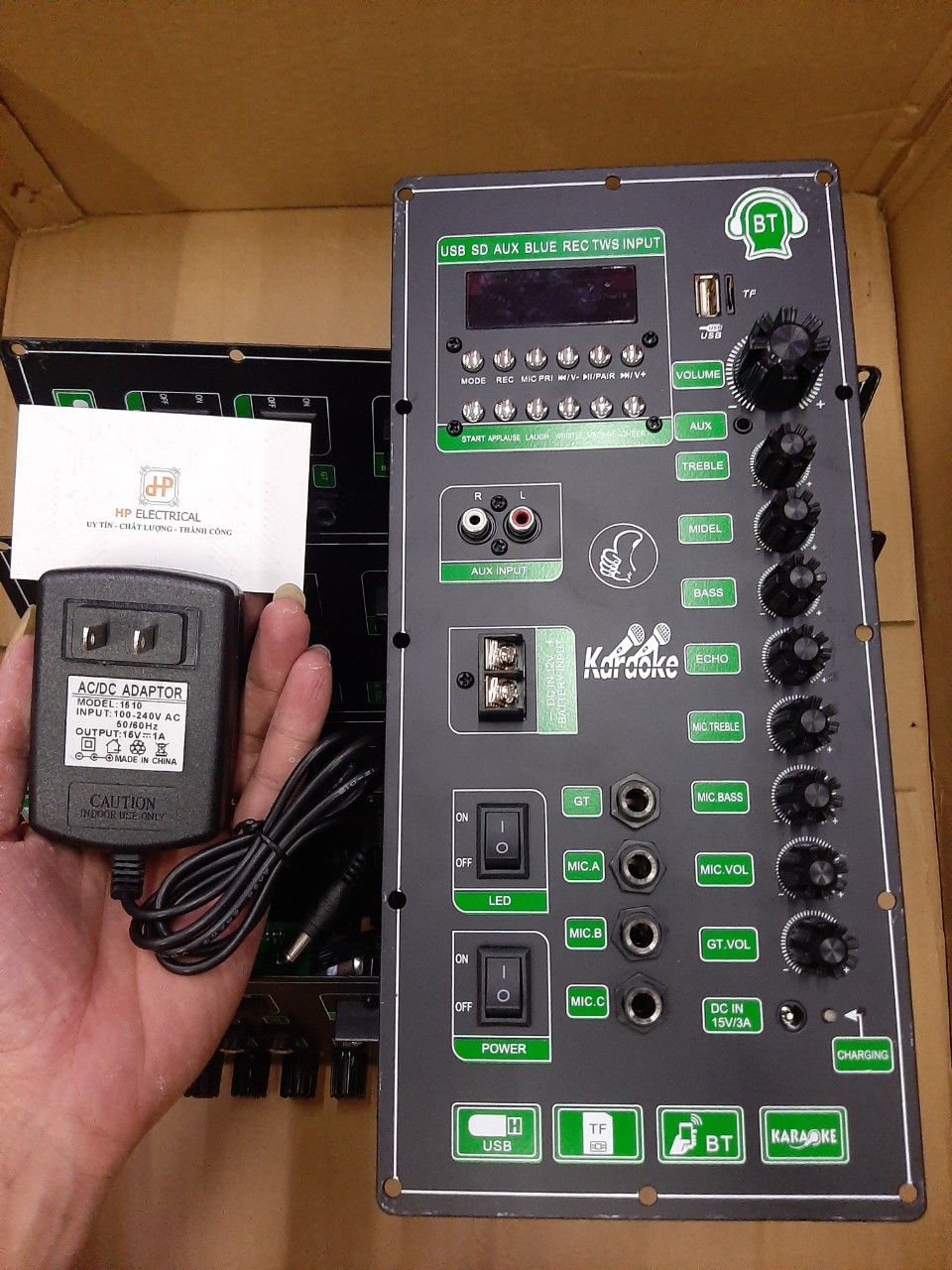 Mạch loa kéo Xanh HPECS8673 mẫu mới 2021 chuyên bass 30cm kèm Adapter 15V và phụ kiện HP Electrical
