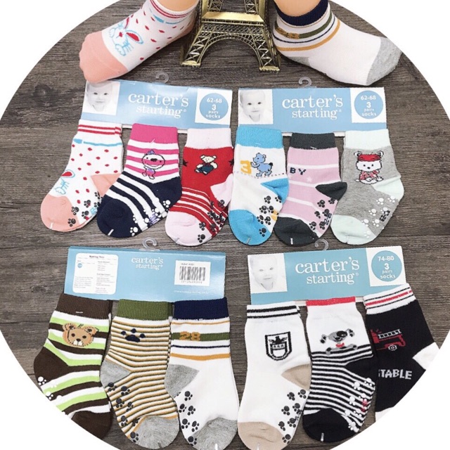 Set 3 đôi vớ carter nhiều size cho bé gái,bé trai chống trượt co giãn mềm mịn.