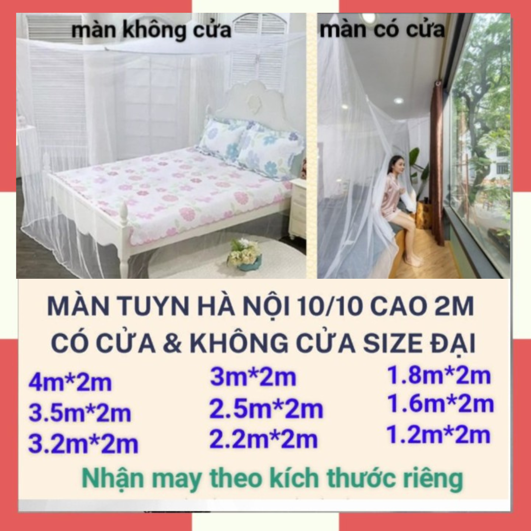 Mùng tuyn màn tuyn cao 2m cỡ lớn 10/10 đủ kích thước 4m x 2m, 3.5m x 2m, 3m x 2m, 2.5m x 2m, 2.2m x 2m / màn tuyn mùng tuyn ghép 2 giường size đại đủ kích thước, màn tuyn mùng tuyn chống muỗi