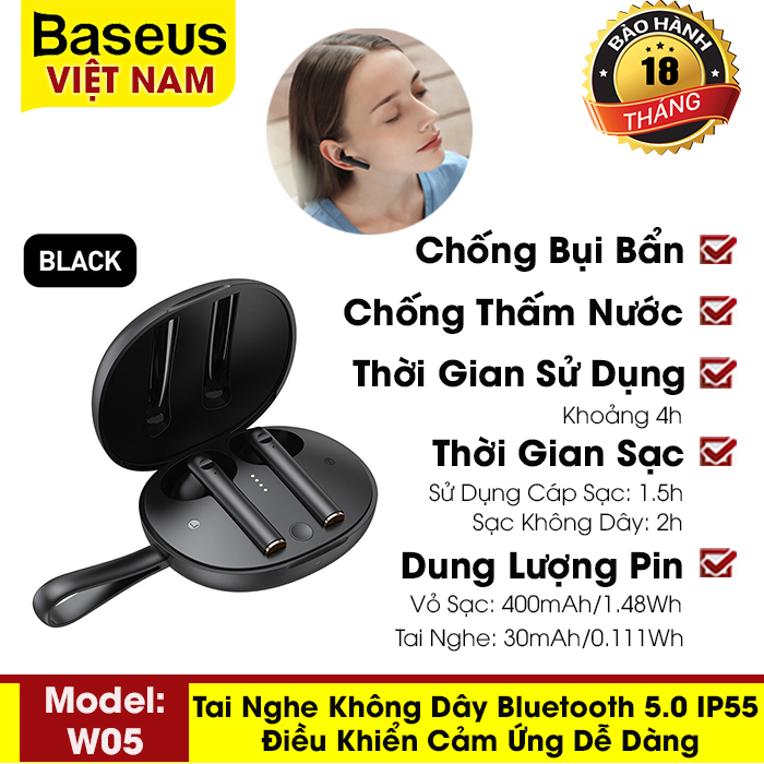 [BẢO HÀNH 18 THÁNG] Tai nghe bluetooth Tai nghe nhét tai không dây IP55 HD Stereo Baseus W05 kèm đốc sạc Baseus TWS Bluetooth 5.0