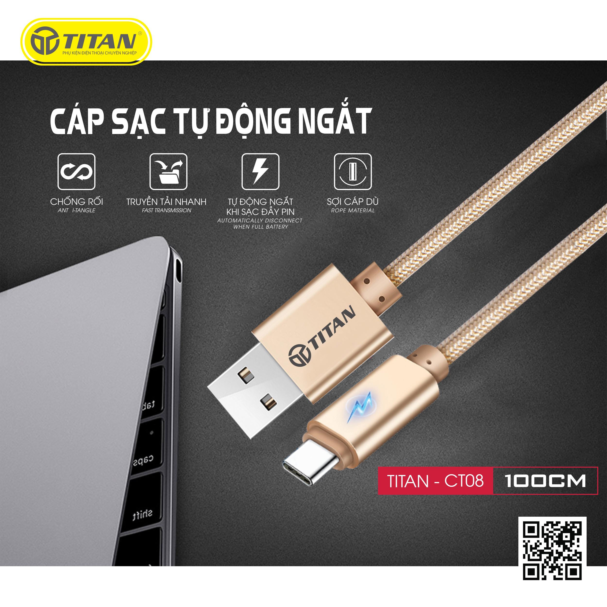 Cáp Sạc Điện Thoại Cao Cấp - Có Đèn LED Tự Ngắt Kết Nối TYPE C TITAN ( Dài 100cm ) CT08