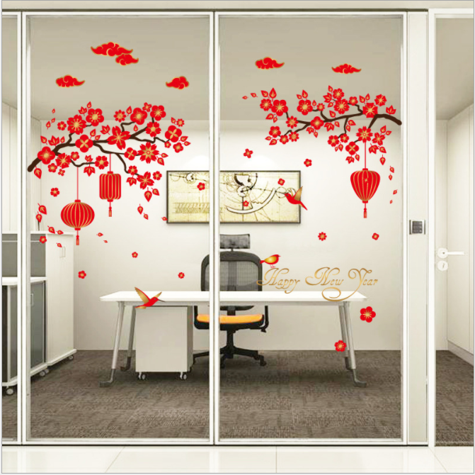 Decal dán tường trang trí tết mẫu hoa đào lồng đèn TET172