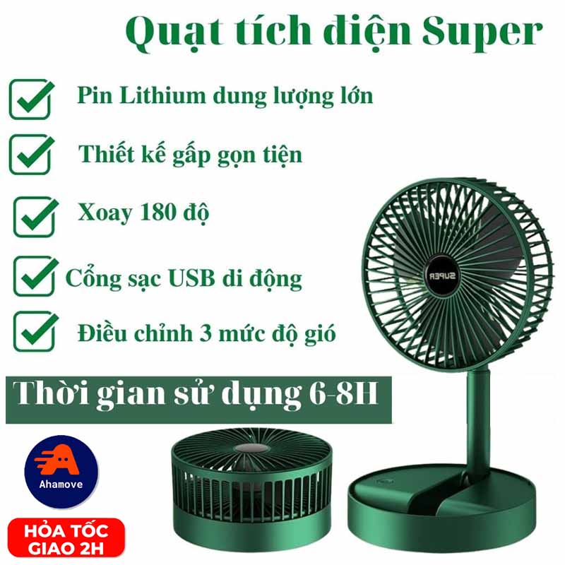 Quạt Tích Điện Gấp Gọn -Quạt Để Bàn, Quạt Treo Trường, Quạt Mini Fan Để Bàn Xoay 180 Độ, 3 Tốc Độ Gió Siêu Mát, Cổng Sạc USB, Thiết Kế Nhỏ Gọn Dễ Dàng Mang Theo - Bảo Hành 1 Đổi 1