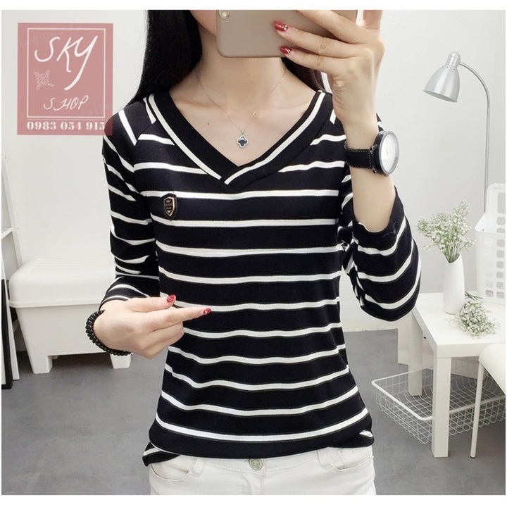 Áo sau sinh cho con bú dài tay kẻ ngang chất thun co giãn 4 chiều