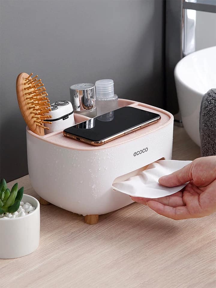 Hộp đựng khăn giấy để bàn ecoco có hộc để điều khiện, điện thoại tiện lợi