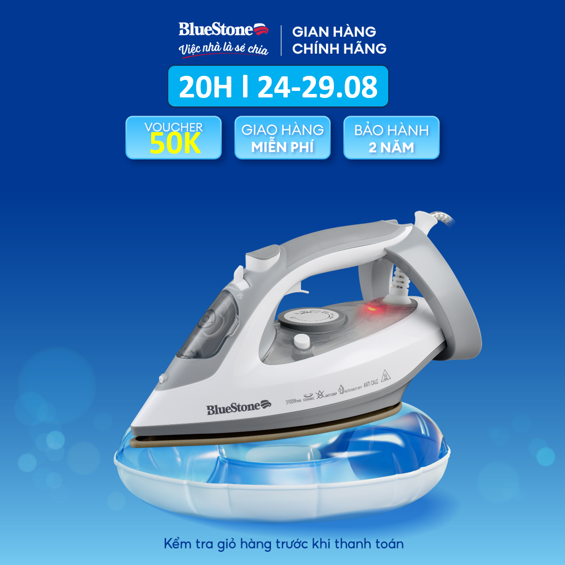 Bàn ủi hơi nước bluestone sib-3836 - mặt đế ceramic cao cấp - công suất 2600 - 3100w - bảo hành 2 năm - hàng chính hãng