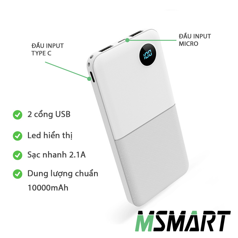 Pin sạc dự phòng 10000 mAh SmartPower cao cấp, hỗ trợ sạc nhanh 2.1A, 2 cổng USB, 1 cổng Type C, 1 cổng Micro USB, màn hình LCD thông minh hiển thị