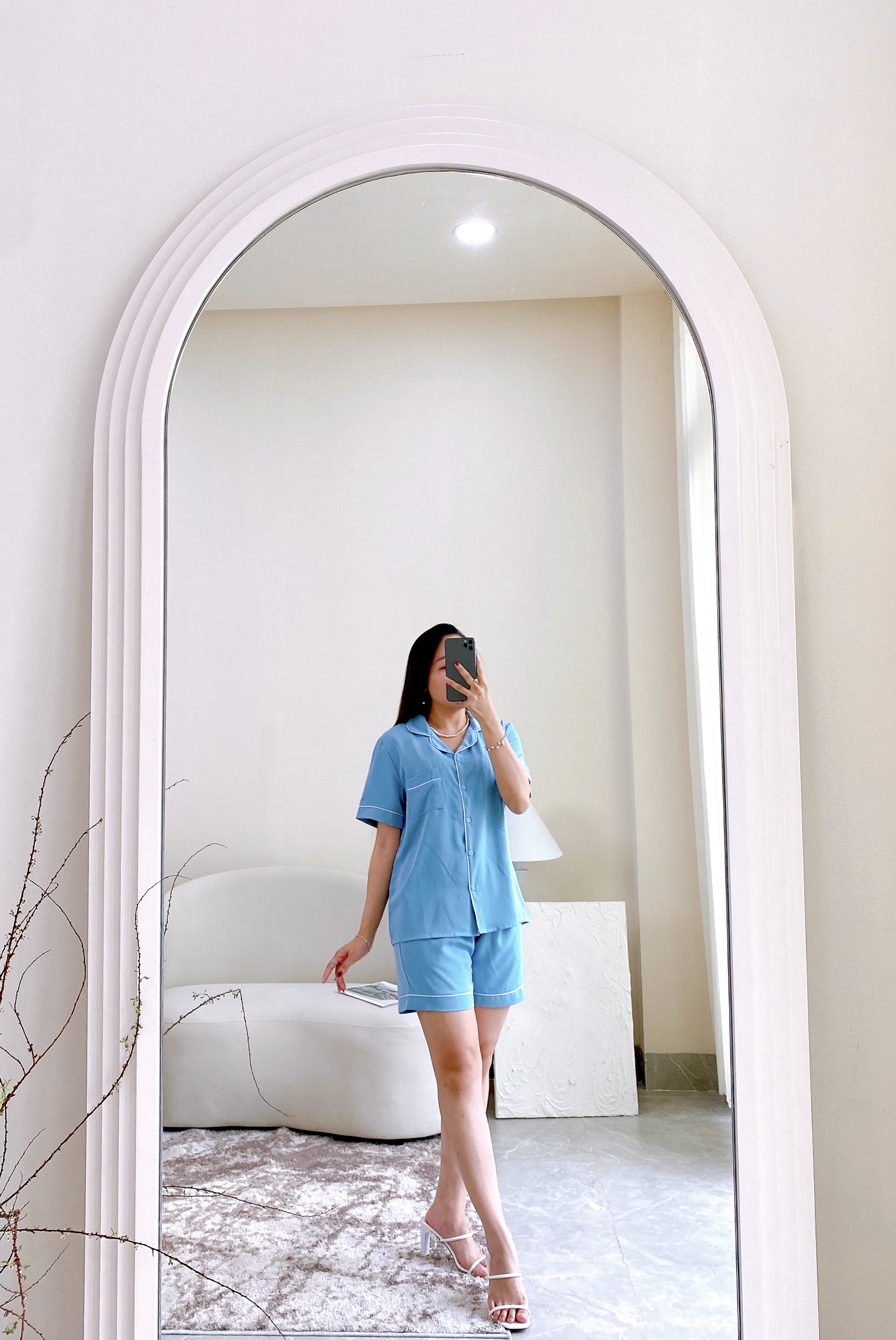Pijama Lụa Tay ngắn quần ngắn Satino - Blue & Mint