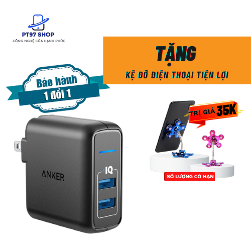 Củ sạc nhanh anker powerport elite 2 cổng piq 24w - a2023 - sạc 2 in 1,sạc 2 thiết bị 1 lúc an toàn, không nóng máy chính hãng, bảo hành 1 đổi 1