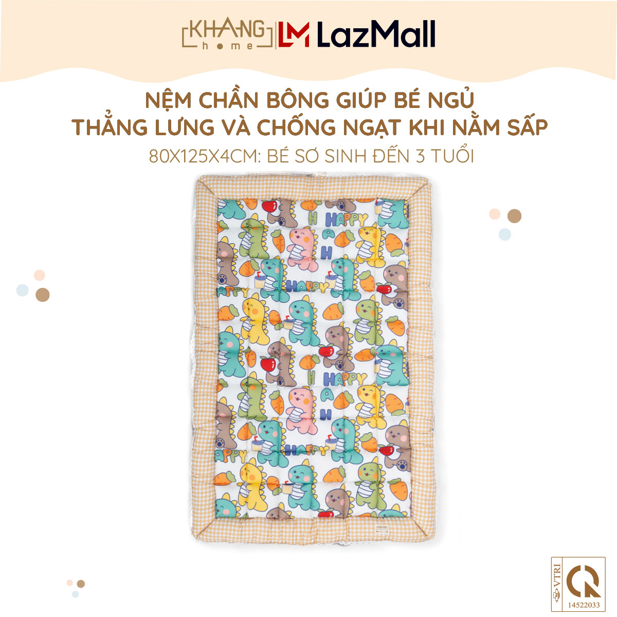 Nệm Trẻ Em Chần Bông Khang Home BabySafety An Toàn Giấc Ngủ Cho Bé Sơ Sinh Size 80x125cm