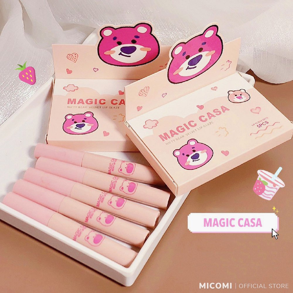 Son Kem Tint Lì Set 5 Cây Màu Nhung Lì MAGIC CASA Gấu Hồng Siêu Xinh Chất Mềm Và Mịn Môi Trang Điểm Make Up MICOMI Cosmetics