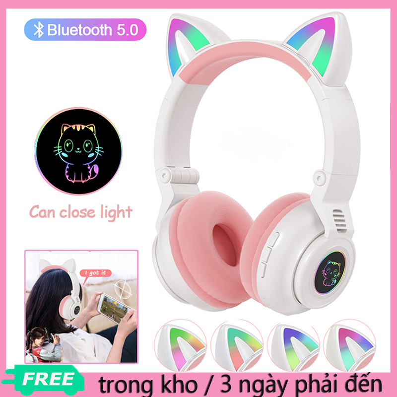 Tai Nghe Mèo Bluetooth Chụp Tai Có Mic đàm Thoại, Tai Nghe Tai Mèo Bluetooth Chống ồn Có Thể Gập Gọn Lại Tiện Lợi, Tai Nghe Thỏ Dễ Thương Có đèn Led