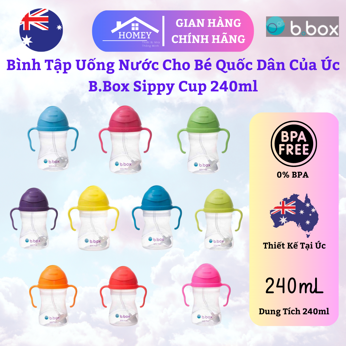 Homey - Bình Nước B.Box Sippy Cup 360 Độ Cho Bé Tập Uống - Hàng Nội Địa Úc