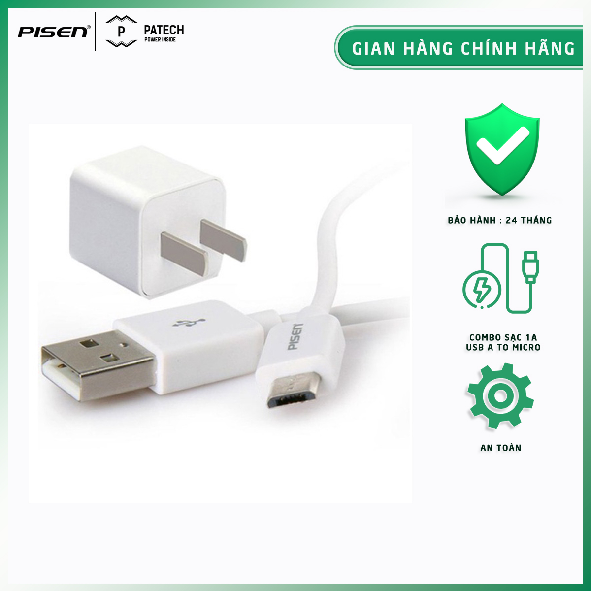 [20H 6/7 - 9.7 Nhập 77LAZSOCIAL80K Voucher giảm 12% đơn từ 250K tối đa 80K]Combo Sạc Pisen I Charger 1A Micro