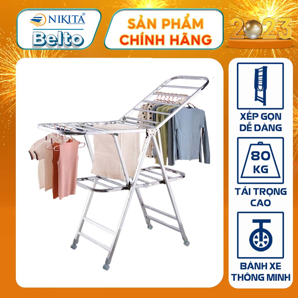 Giàn phơi, kệ phơi đồ Inox xếp gọn có bánh xe - Chính hãng NIKITA