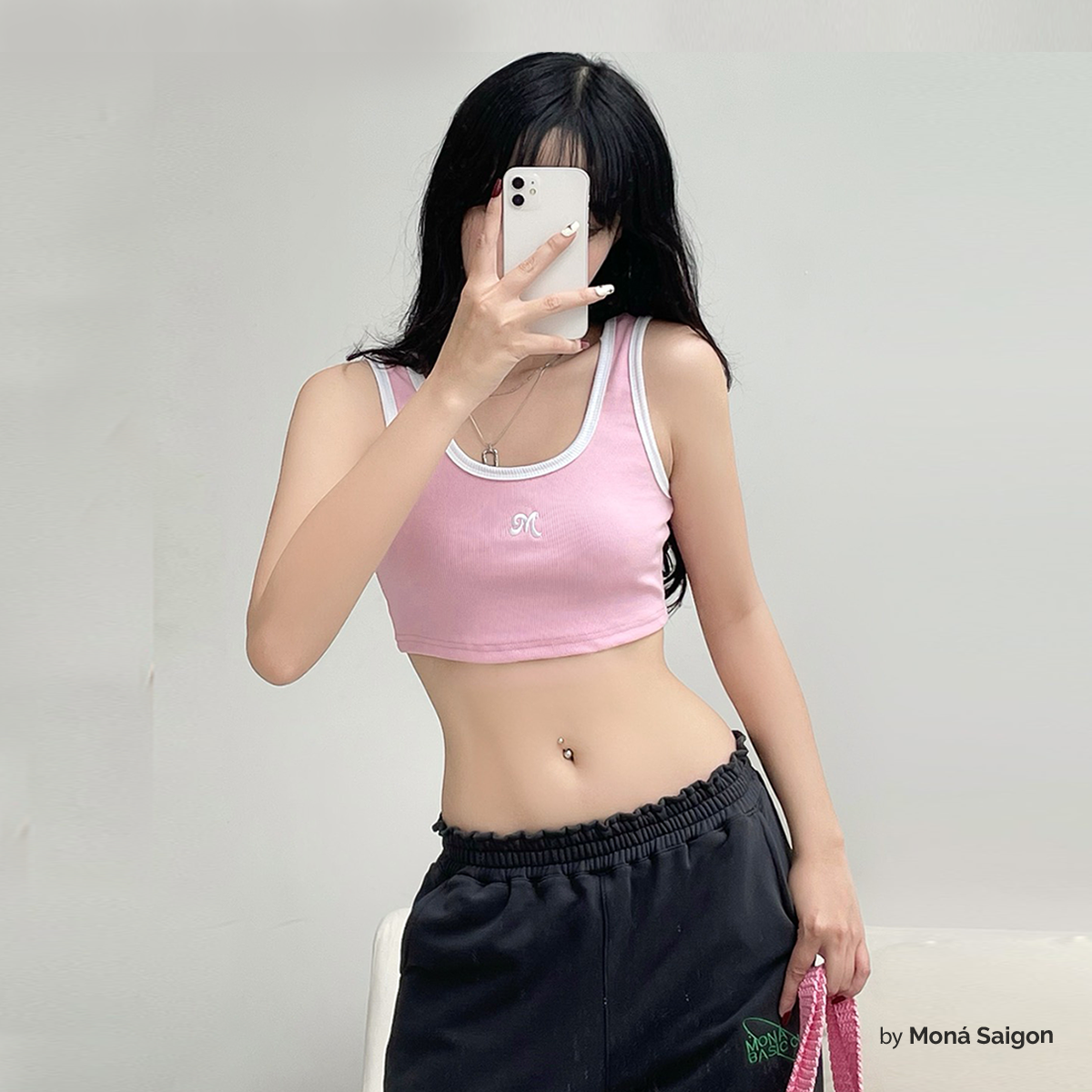 Áo croptop thun gân moná - kabi xám/hồng nhạt