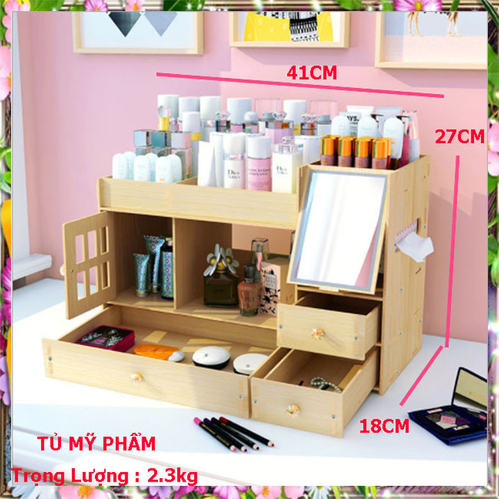 Tủ kệ đựng đồ trang điểm mỹ phẩm bằng gỗ ép có gương- mèo hoa