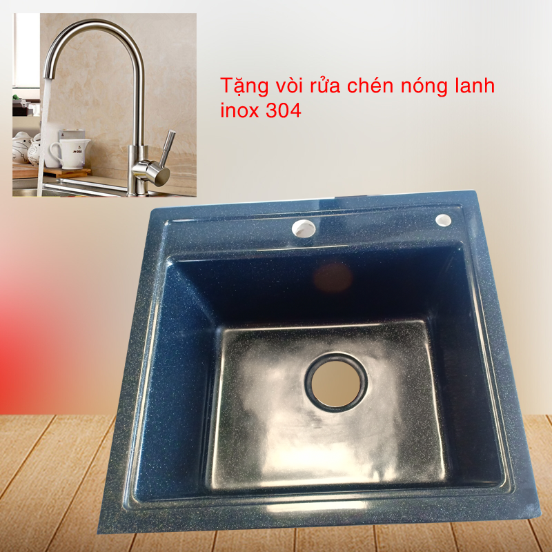 [Tặng vòi 304 nóng lạnh] - Chậu rửa chén đá nhân tạo một hộc màu đen KT 49x53 sản xuất tại Việt Nam, Bảo hành 03 năm thuộc thư mục chậu rửa chén đá Granite đá một hộc